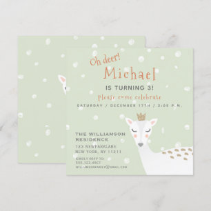 Cute Deer   Sage Green Kids Winter Birthday Invitation