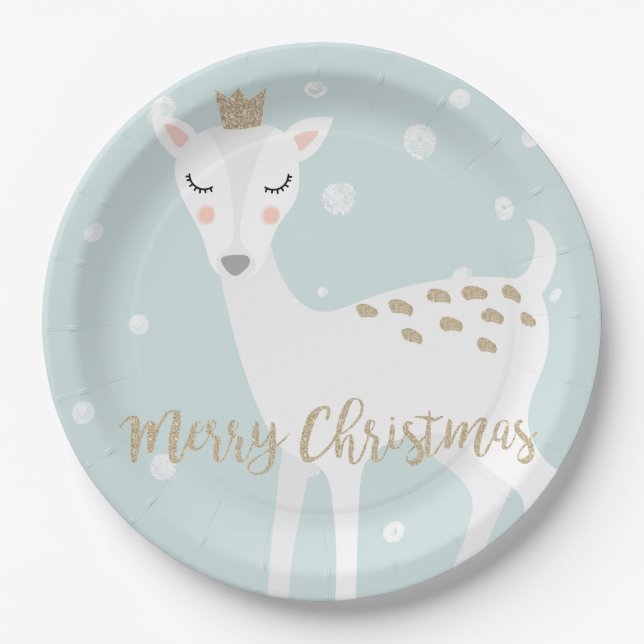 Cute Deer | Soft Blue | Christmas Paper Plate (Front)