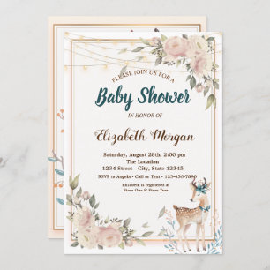 Cute Deer String Lights,Floral Baby Shower Invitation