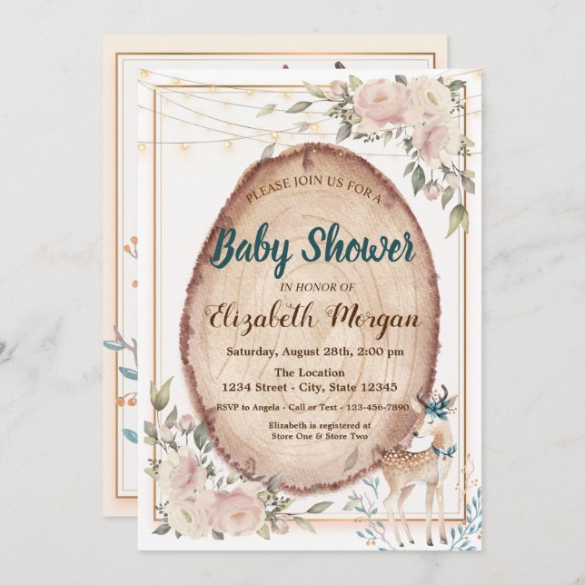Cute Deer String Lights,Floral Wood Baby Shower   Invitation (Front/Back)