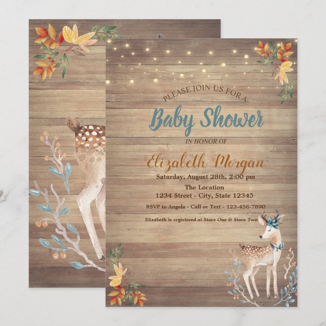 Cute Deer String Lights,Wood Texture Baby Shower  Invitation (Front/Back)