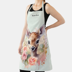 Cute Deer Surrounded By Roses Apron