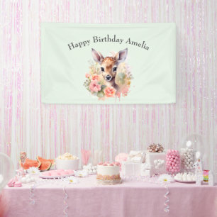 Cute Deer Surrounded By Roses Birthday Banner