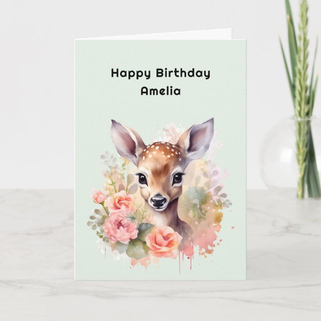 Cute Deer Surrounded By Roses Birthday Card (Front)