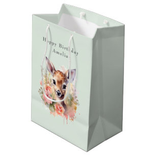 Cute Deer Surrounded By Roses Birthday Medium Gift Bag