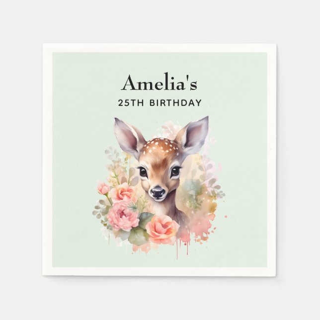 Cute Deer Surrounded By Roses Birthday Napkin (Front)