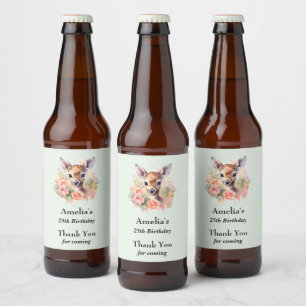 Cute Deer Surrounded By Roses Birthday Thank You Beer Bottle Label