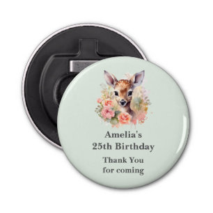 Cute Deer Surrounded By Roses Birthday Thank You Bottle Opener