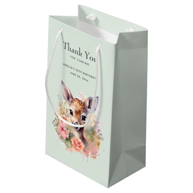 Cute Deer Surrounded By Roses Birthday Thank You Small Gift Bag (Back Angled)