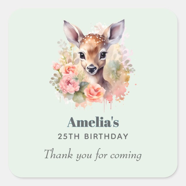Cute Deer Surrounded By Roses Birthday Thank You Square Sticker (Front)