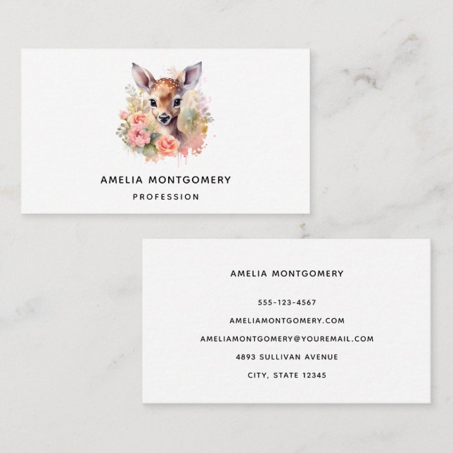 Cute Deer Surrounded By Roses Business Card (Front/Back)