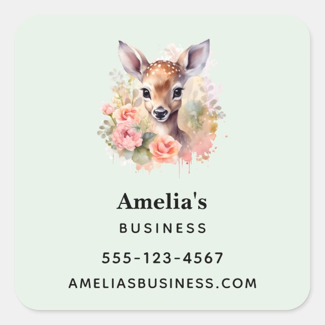 Cute Deer Surrounded By Roses Business Square Sticker (Front)