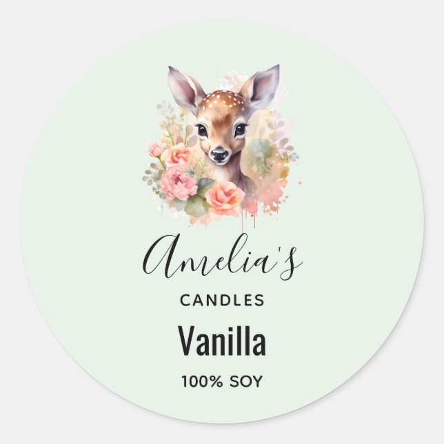 Cute Deer Surrounded By Roses - Candle Business Classic Round Sticker (Front)