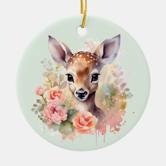 Cute Deer Surrounded By Roses Ceramic Tree Decoration (Front)