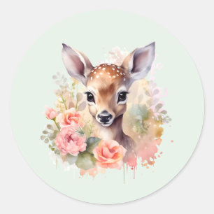 Cute Deer Surrounded By Roses Classic Round Sticker