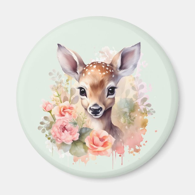 Cute Deer Surrounded By Roses Magnet (Front)