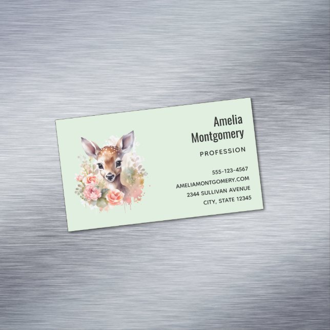 Cute Deer Surrounded By Roses Magnetic Business Card (In Situ)