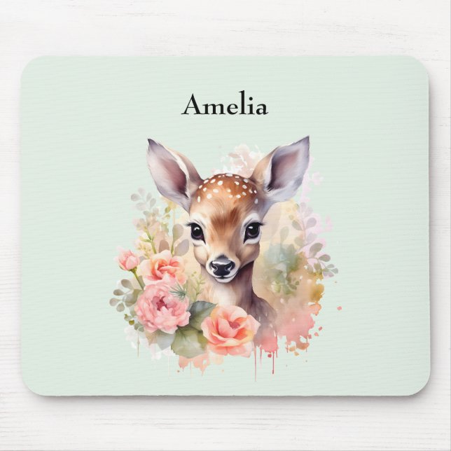 Cute Deer Surrounded By Roses Mouse Mat (Front)