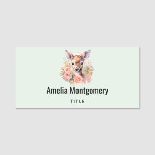 Cute Deer Surrounded By Roses Name Tag