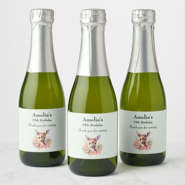 Cute Deer Surrounded By Roses Party Thank You Sparkling Wine Label (Bottles)