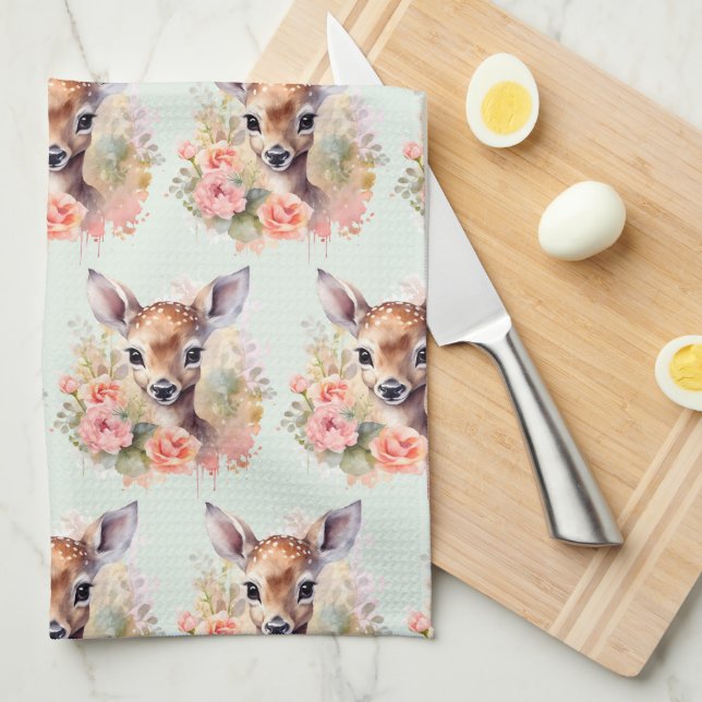 Cute Deer Surrounded By Roses Pattern Tea Towel (Quarter Fold)