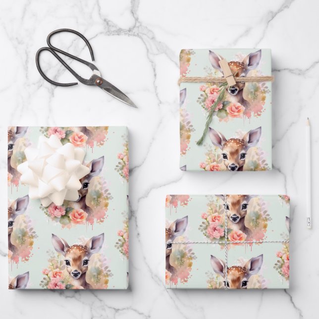 Cute Deer Surrounded By Roses Pattern Wrapping Paper Sheet (Front)