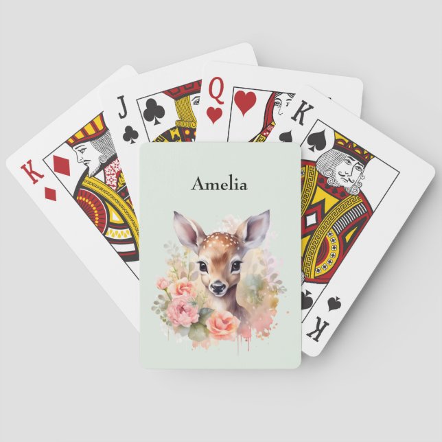 Cute Deer Surrounded By Roses Playing Cards (Back)