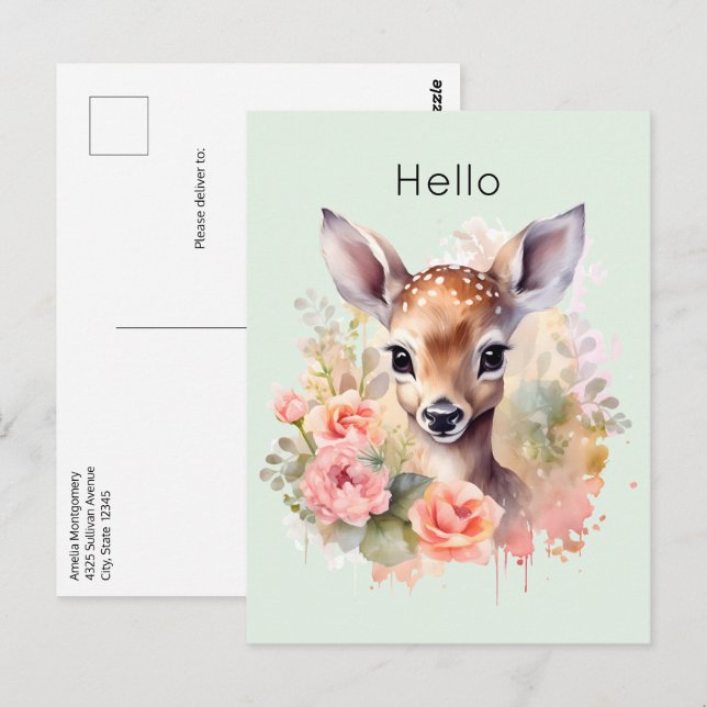 Cute Deer Surrounded By Roses Postcard (Front/Back)