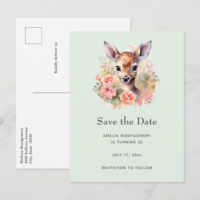 Cute Deer Surrounded By Roses Save the Date Announcement Postcard (Front/Back)