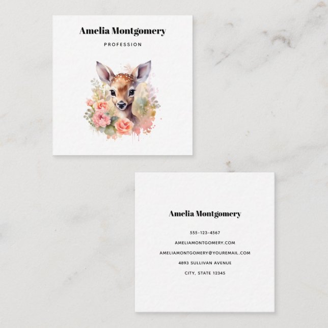 Cute Deer Surrounded By Roses Square Business Card (Front/Back)