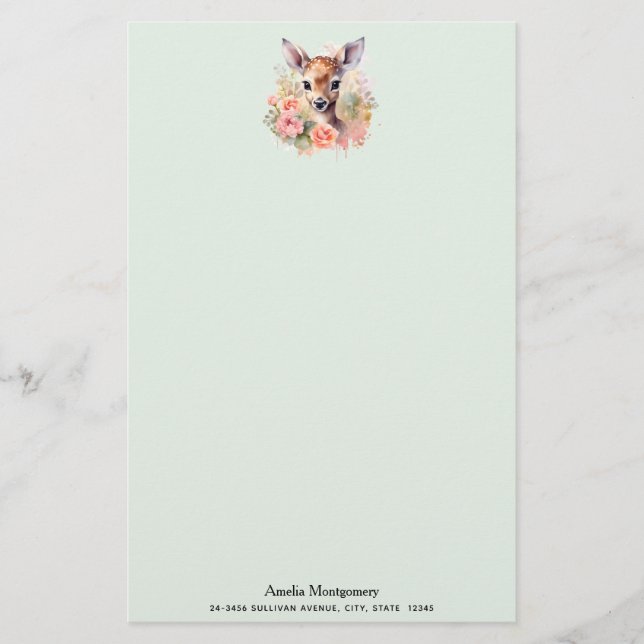 Cute Deer Surrounded By Roses Stationery (Front)