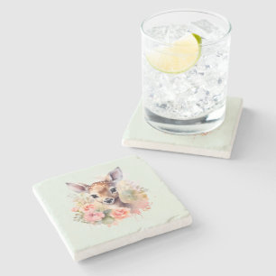Cute Deer Surrounded By Roses Stone Coaster