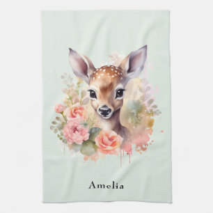 Cute Deer Surrounded By Roses Tea Towel