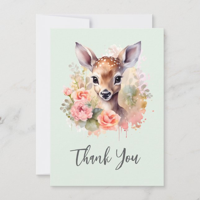 Cute Deer Surrounded By Roses Thank You Card (Front)