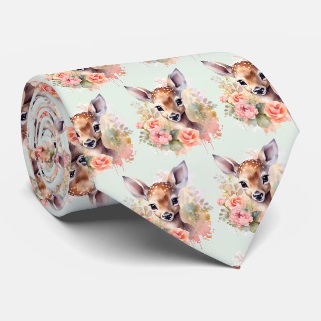 Cute Deer Surrounded By Roses Tie (Rolled)