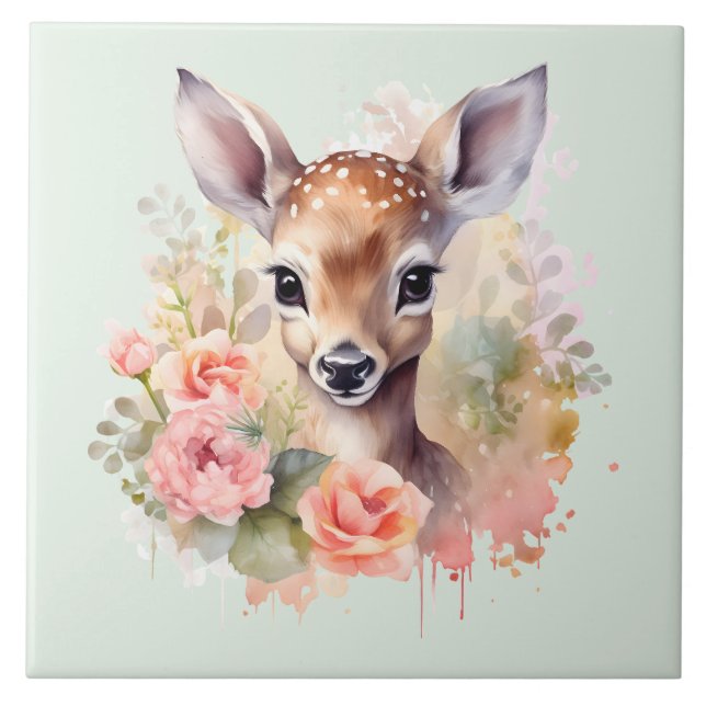 Cute Deer Surrounded By Roses Tile (Front)