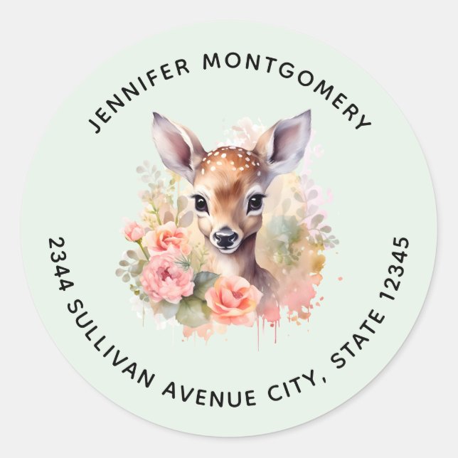Cute Deer Surrounded By Roses with Address Classic Round Sticker (Front)
