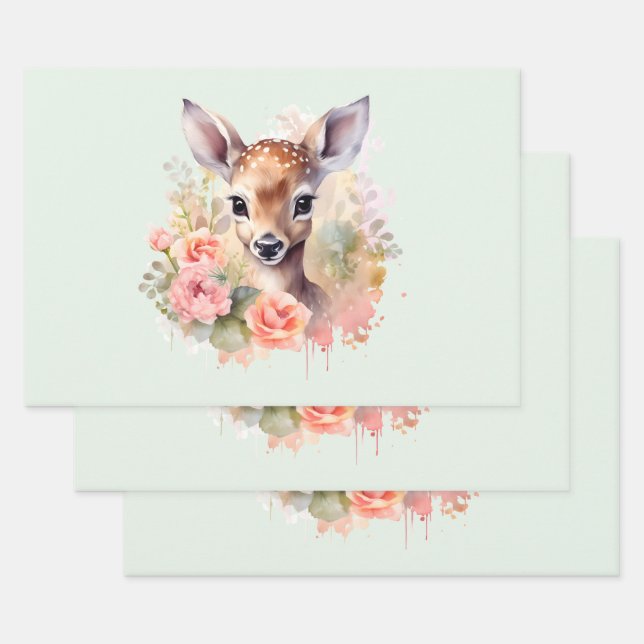Cute Deer Surrounded By Roses Wrapping Paper Sheet (Set)