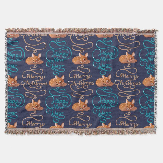 Cute Deer Typography New Year Merry Christmas Throw Blanket (Front)