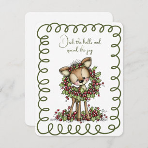 Cute Deer Wearing a Christmas Wreath Green and Red Holiday Card