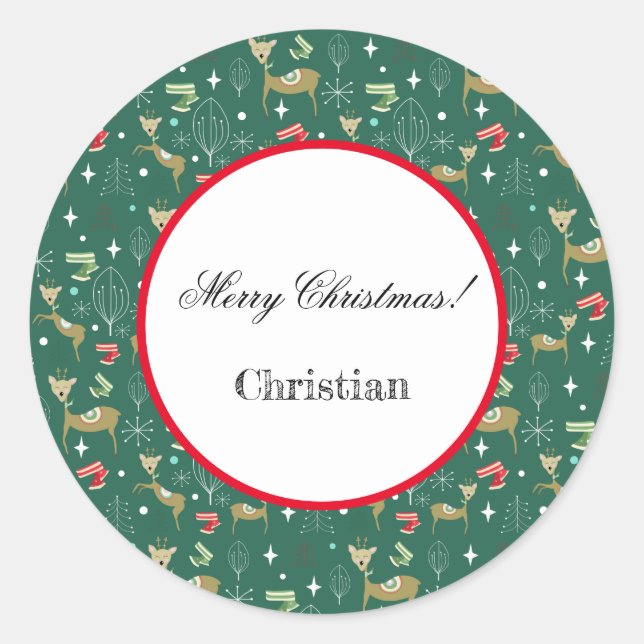 Cute deer with Christmas trees and snowflakes Classic Round Sticker (Front)