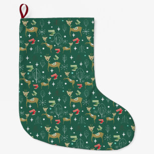 Cute deer with Christmas trees and snowflakes Large Christmas Stocking
