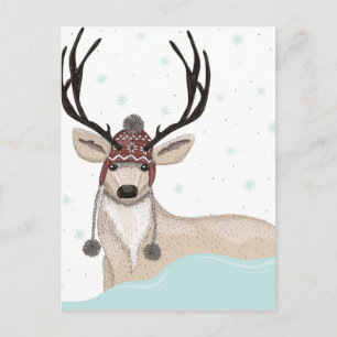 Cute Deer With Hat Winter Background Holiday Postcard