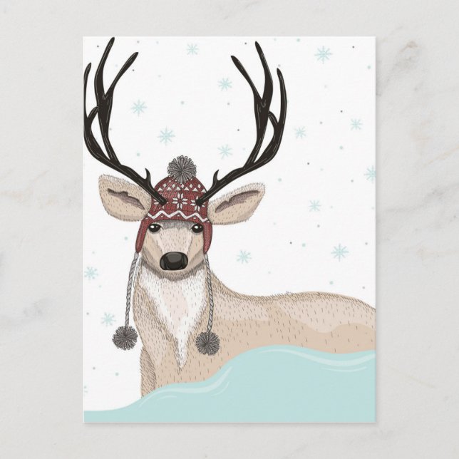 Cute Deer With Hat Winter Background Holiday Postcard (Front)