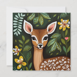 Cute Deer with Leaves and Flowers. Holiday Card