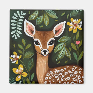 Cute Deer with Leaves and Flowers Magnet