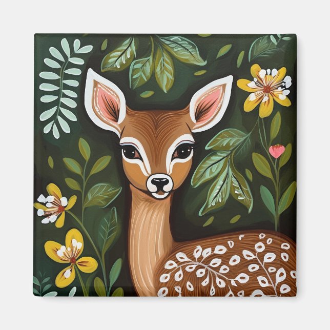 Cute Deer with Leaves and Flowers Magnet (Front)