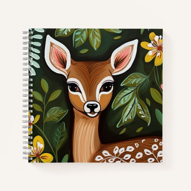 Cute Deer with Leaves and Flowers Notebook (Front)