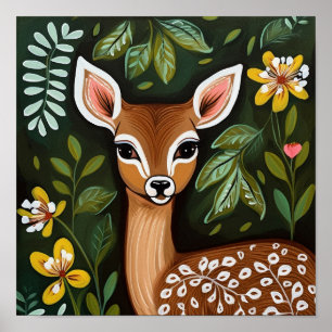 Cute Deer with Leaves and Flowers Poster