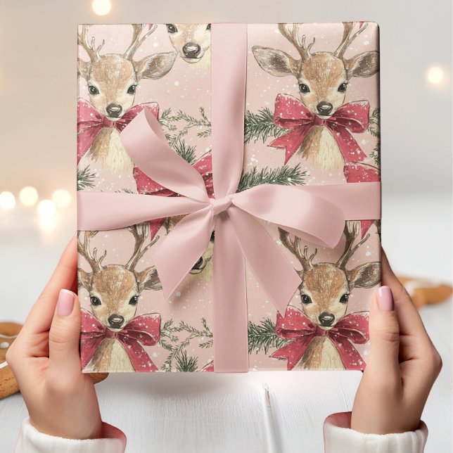 Cute Deer with Red Bow Neutral Christmas  Wrapping Paper (Creator Uploaded)
